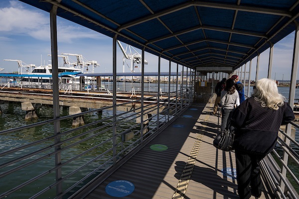 Photo of people standing in line at the Main St Ferry Terminal