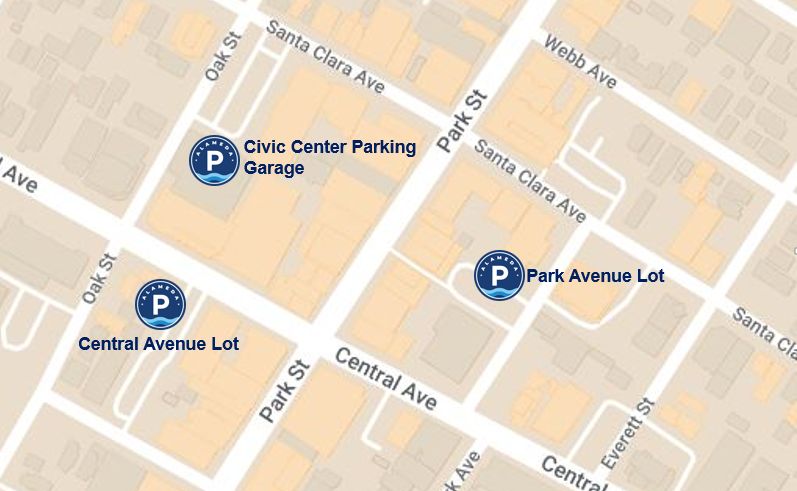 Map showing locations of parking structure and two lots