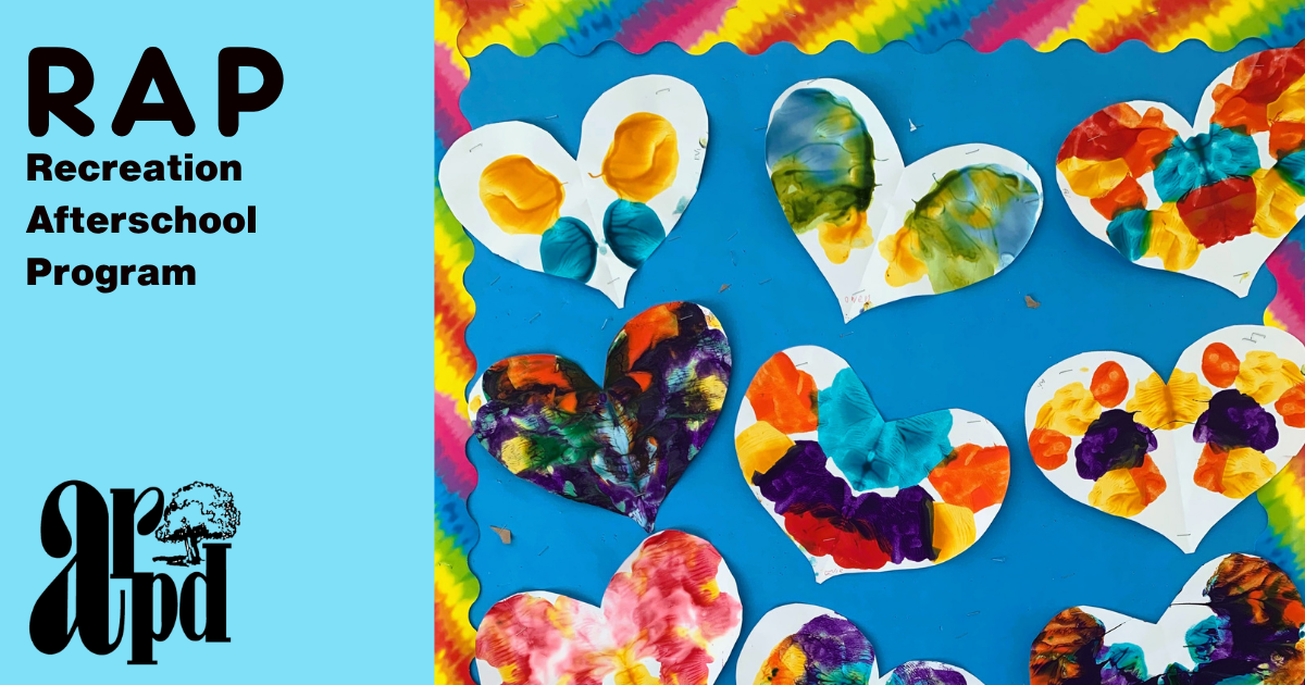 RAP banner showing colorful painted hearts created by kids at RAP
