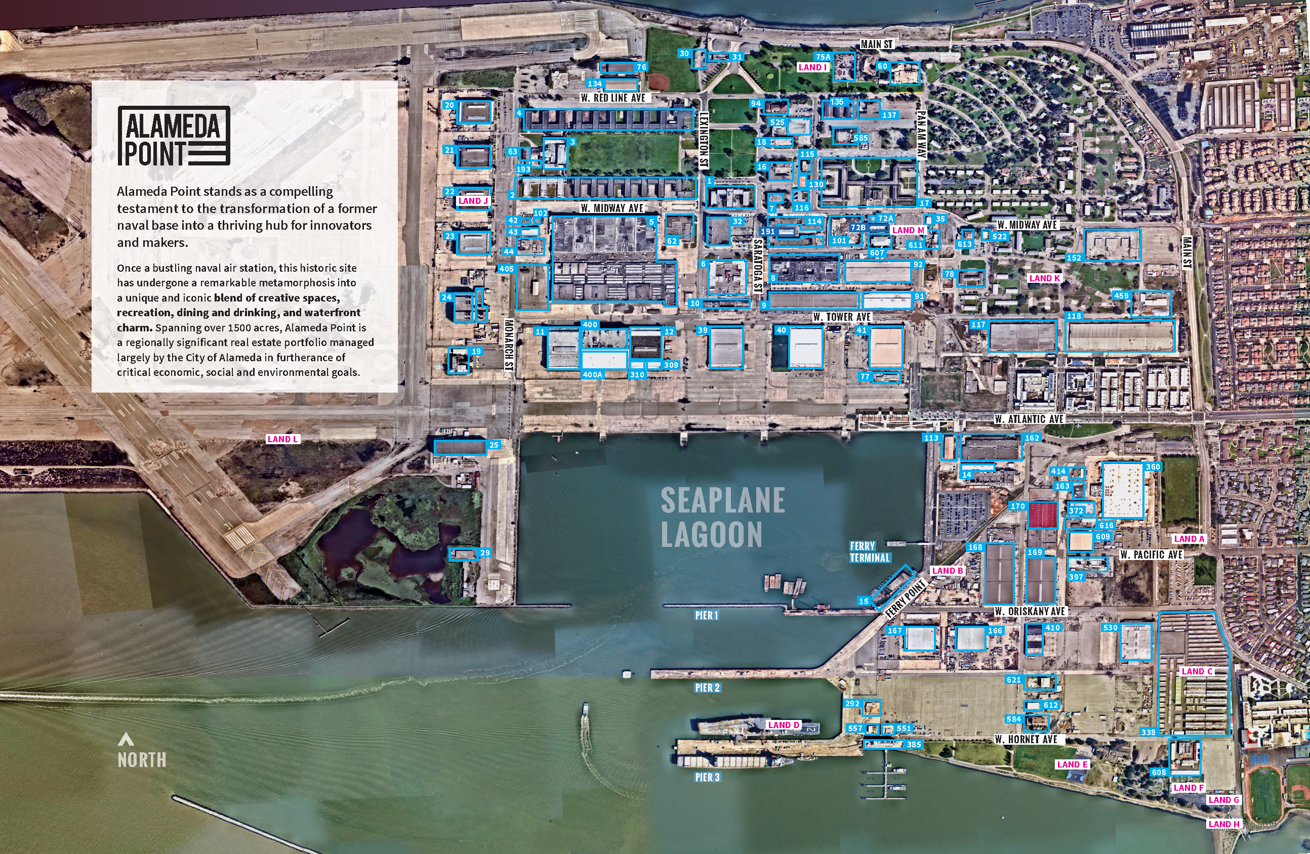 Map of Alameda Point buildings and building numbers.