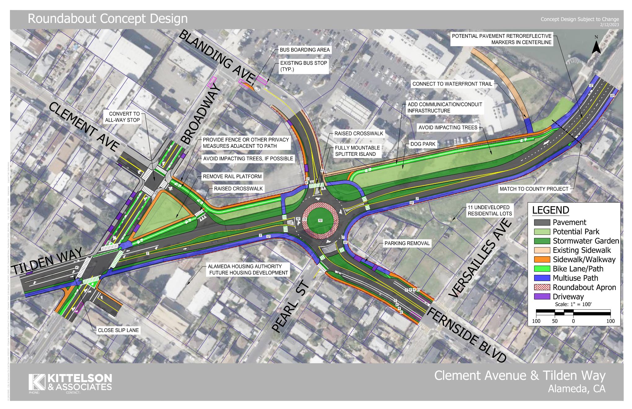 Clement/Tilden design concept with roundabout, dog park, and bike and ped facilities