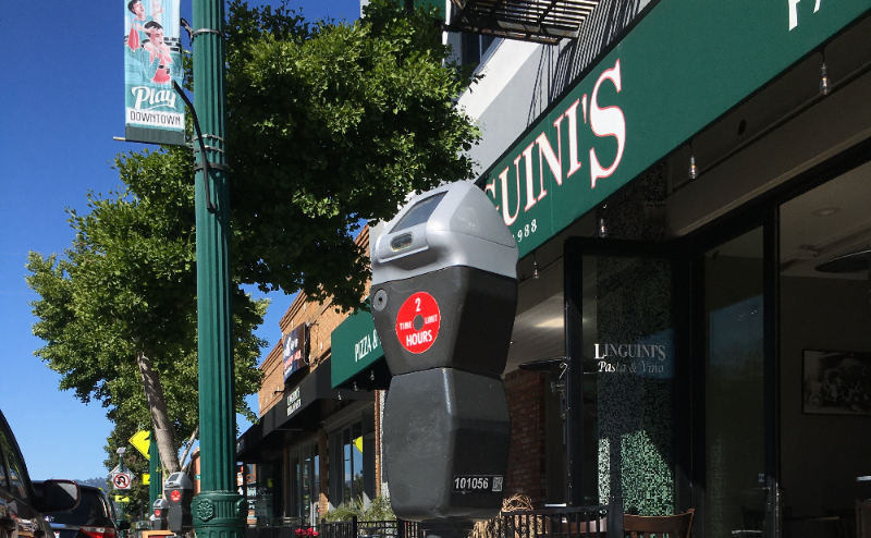 Photo of a single-space parking meter in front of a restaurant