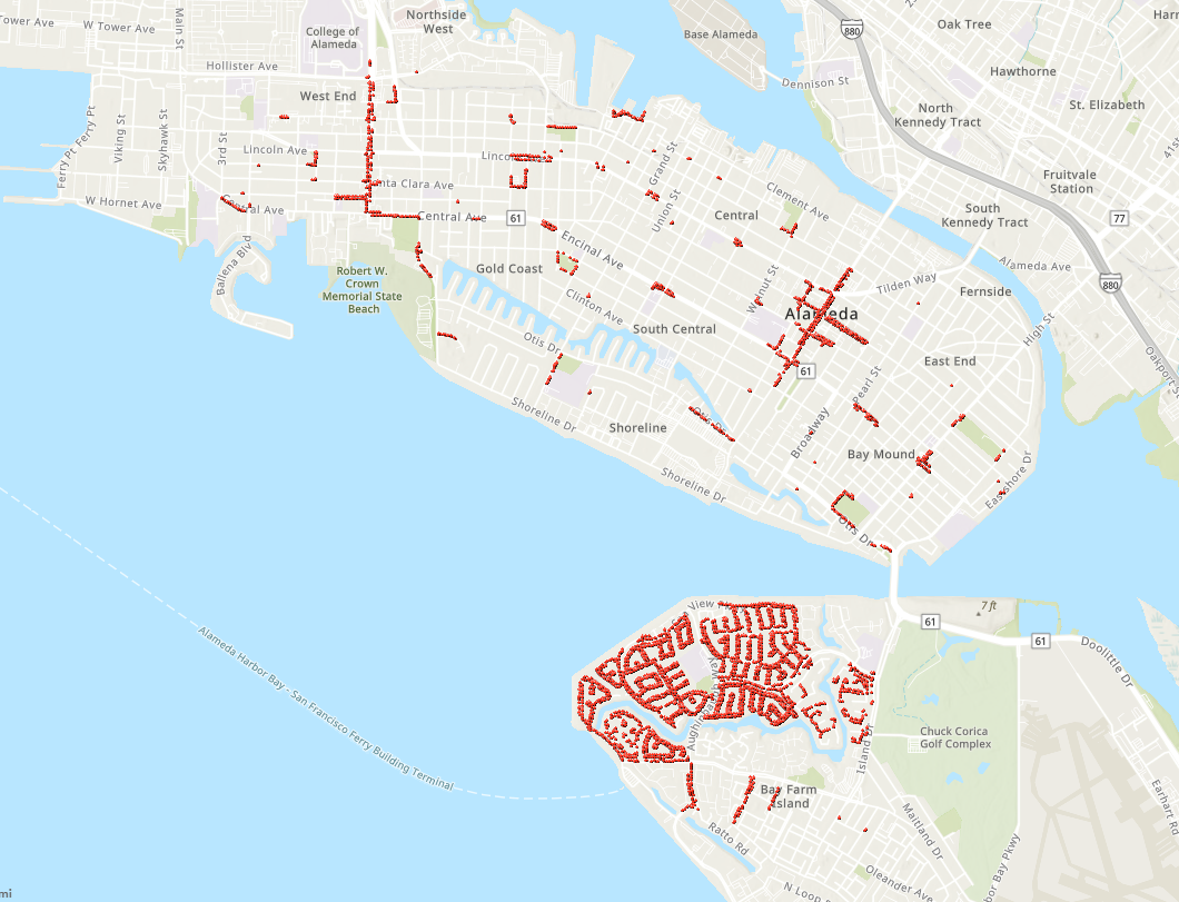 Map of Alameda with many clusters of red dots meaning repaired sidewalks in the zone.