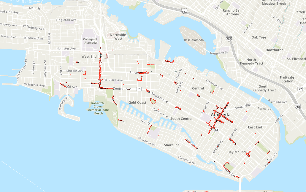 Map of Alameda with clusters of red dots meaning repaired sidewalks in the downtown and Webster St zones.