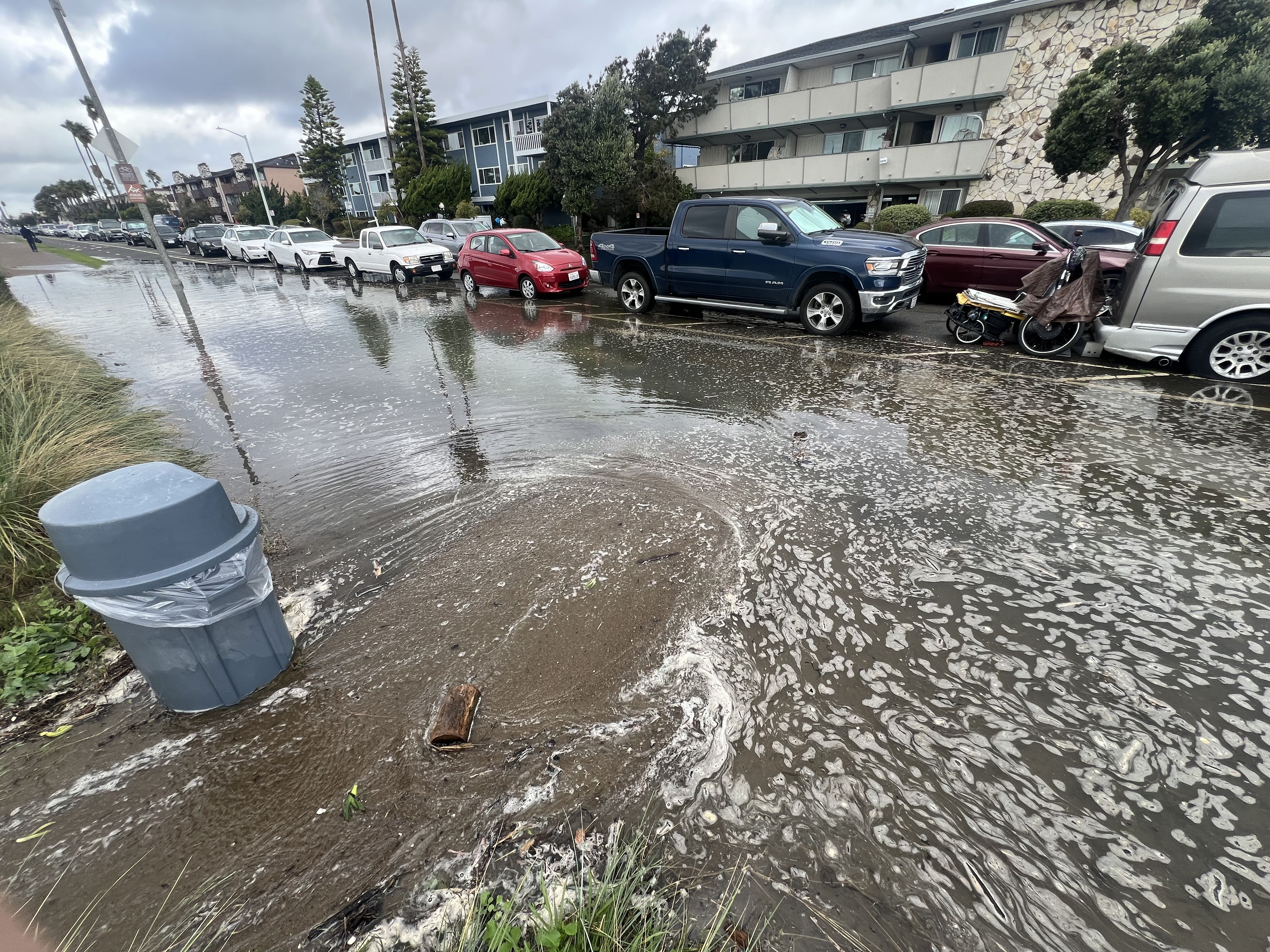 Shoreline Drive bikeway flooded with bay water