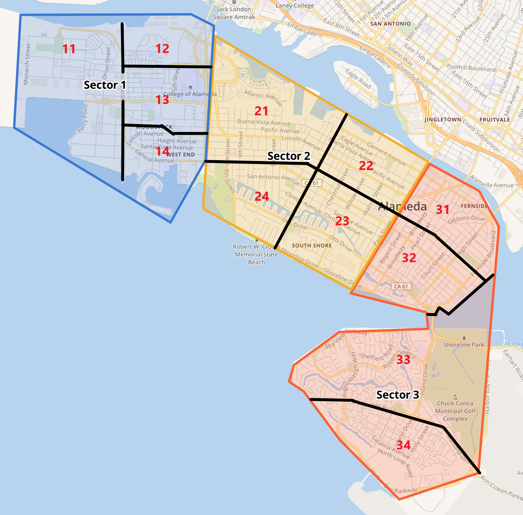 Map of Alameda with the beat boundaries 