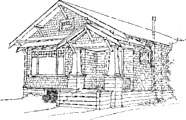 Line drawing of a Craftsman-style bungalow (1900s–1920s) showing a low-pitched gabled roof with exposed rafter tails, stone porch columns, and grouped windows with divided upper sash