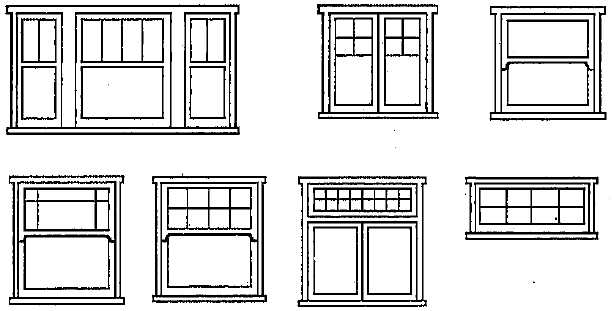 Diagrams of Craftsman window patterns showing seven examples including a wide three-part window with fixed center and divided upper sash sidelights, individual casements with divided upper sash, and horizontal transom windows