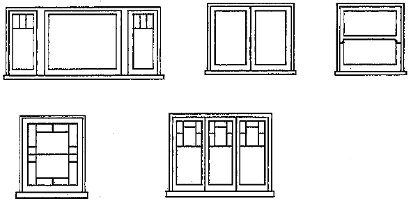 Diagrams of Prairie-style window patterns showing five examples including a wide three-part casement group with art glass, paired casements, a horizontal awning window, and two wide windows with geometric art glass emphasizing horizontality