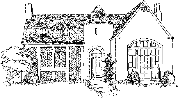 Line drawing of a Tudor/Provincial-style house (1900s–1940s) showing a steeply pitched roof, stone arched entry, round tower, and casement windows with diamond-pattern leaded glass