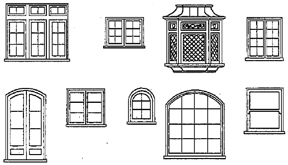 Diagrams of Provincial/Tudor window patterns showing nine examples including multi-pane casement groups, a projecting oriel bay window with diamond leaded glass, arched casements, and a large arched window with grid muntins