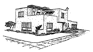 Line drawing of a Streamline Moderne building (1930s–1950s) showing a flat roof, smooth stucco surfaces, corner windows, and horizontal bands of metal-framed windows
