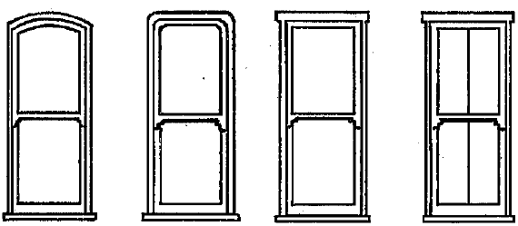 Line drawing of a Stick/Eastlake-style house (1880s) showing decorative stick-and-spindle gable trim, front entry porch, and tall double-hung windows without arches
