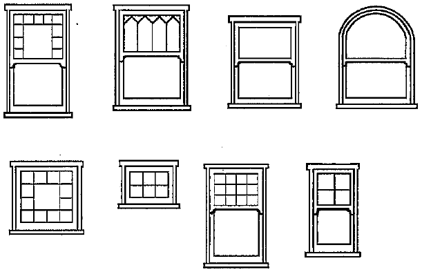Diagrams of Queen Anne window muntin patterns showing seven examples including a stained glass upper sash, pointed arch tracery, wide horizontal transom, full arched sash, and several small square pane configurations
