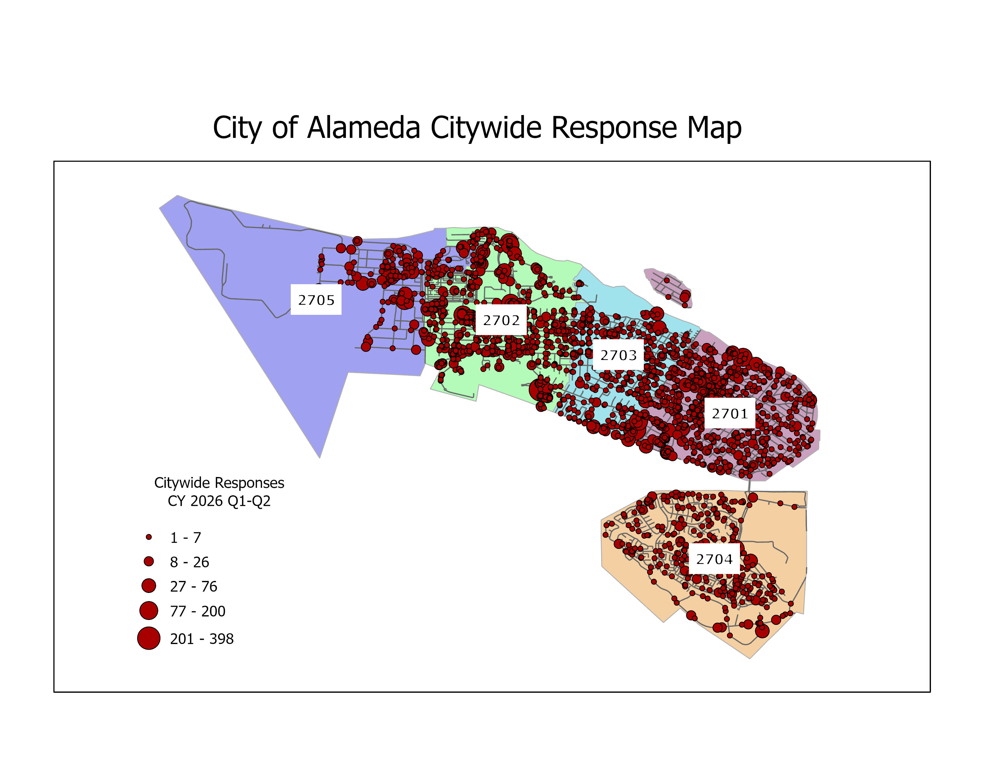 City of Alameda Response Map with incident locations for second quarter of 2026