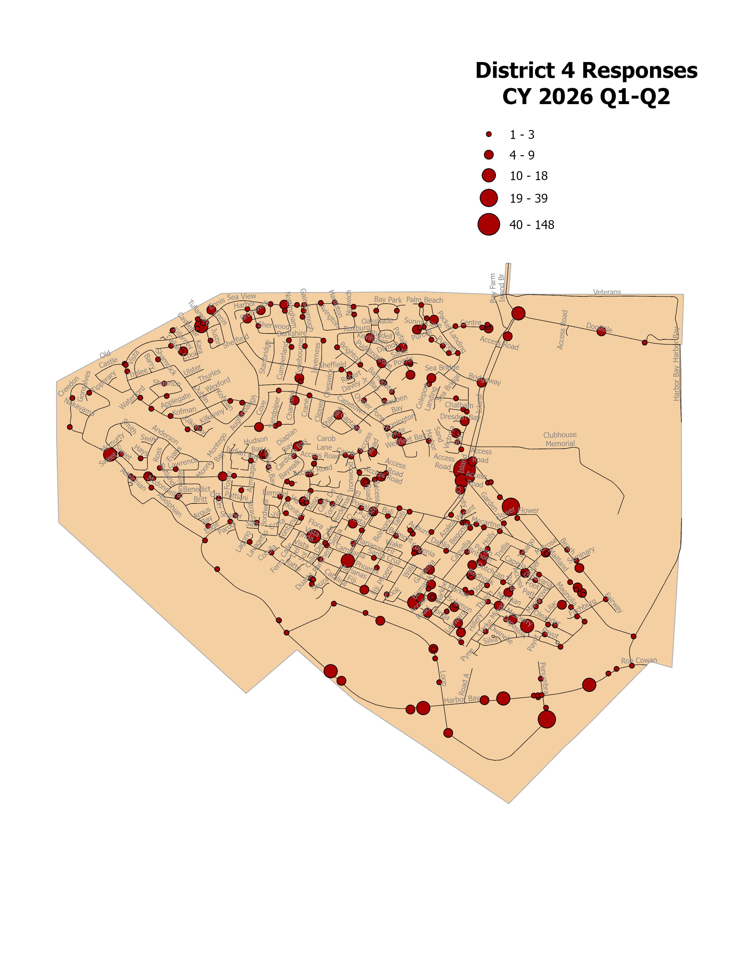 City of Alameda District 4 Response Map with incident locations for second quarter of 2026