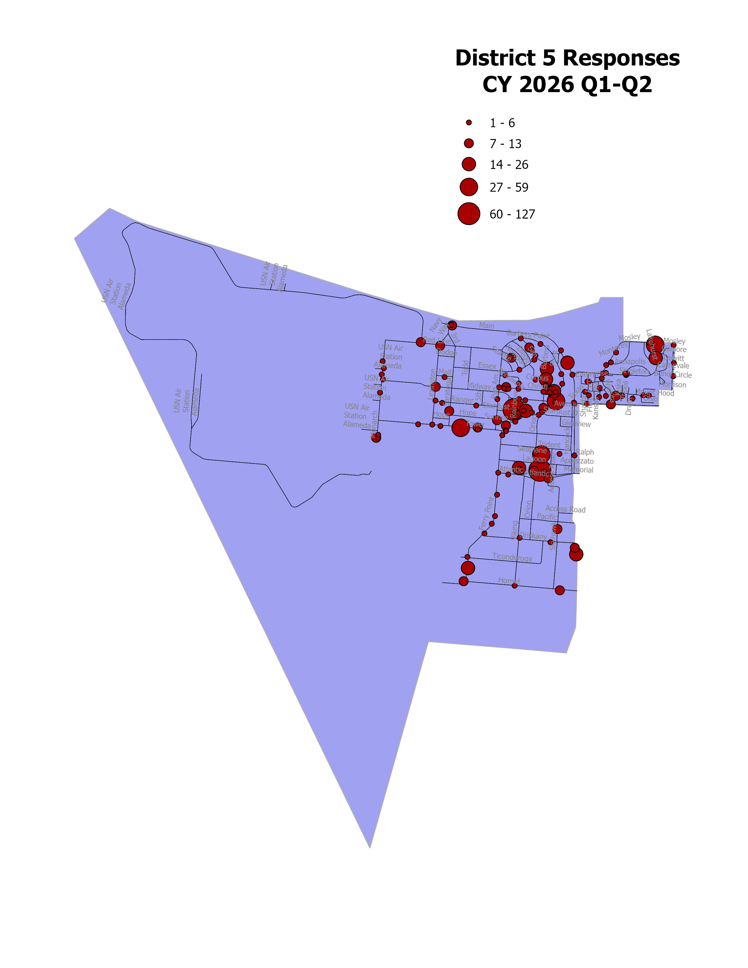 City of Alameda District 5 Response Map with incident locations for second quarter of 2026