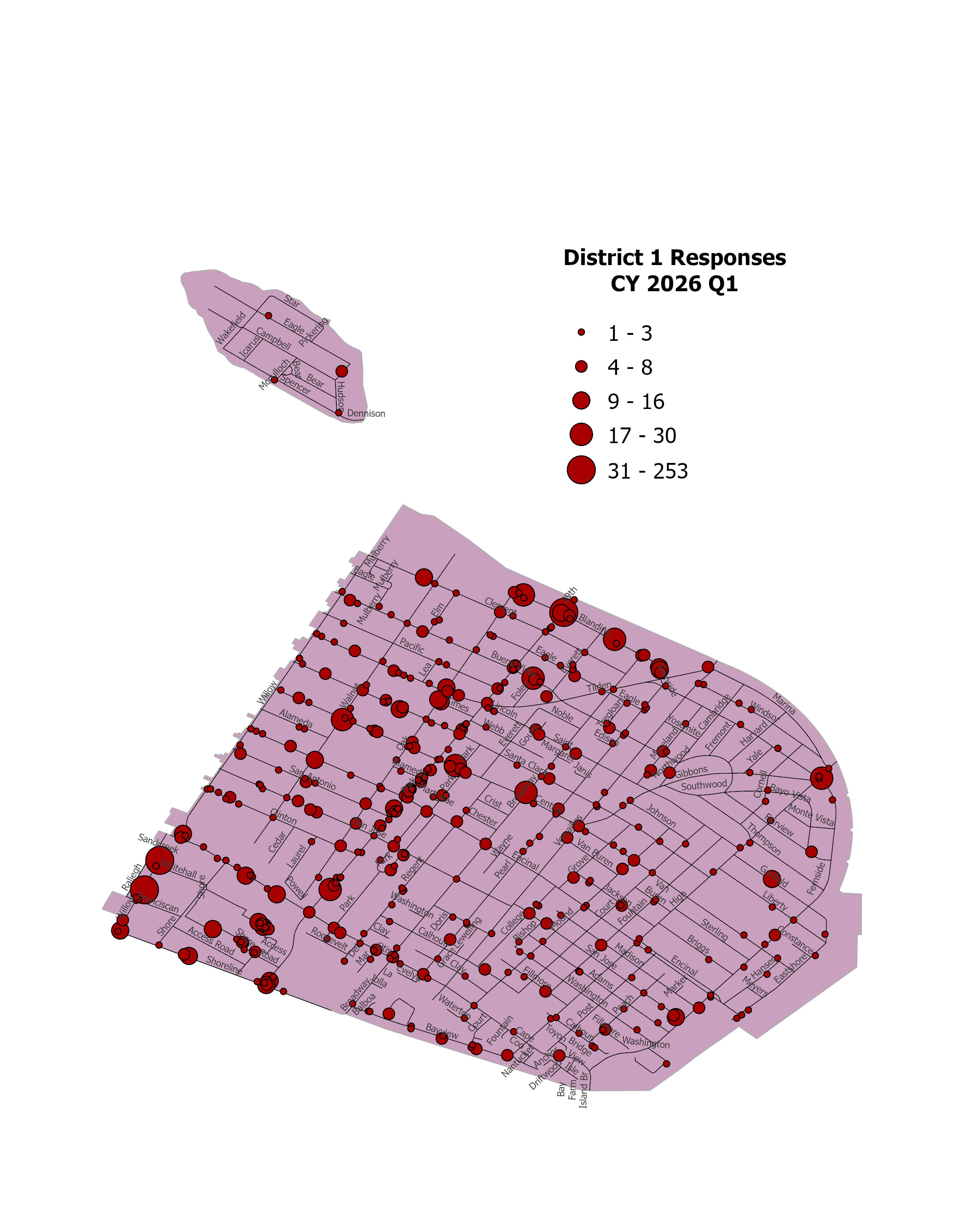 Map showing District 1 response locations