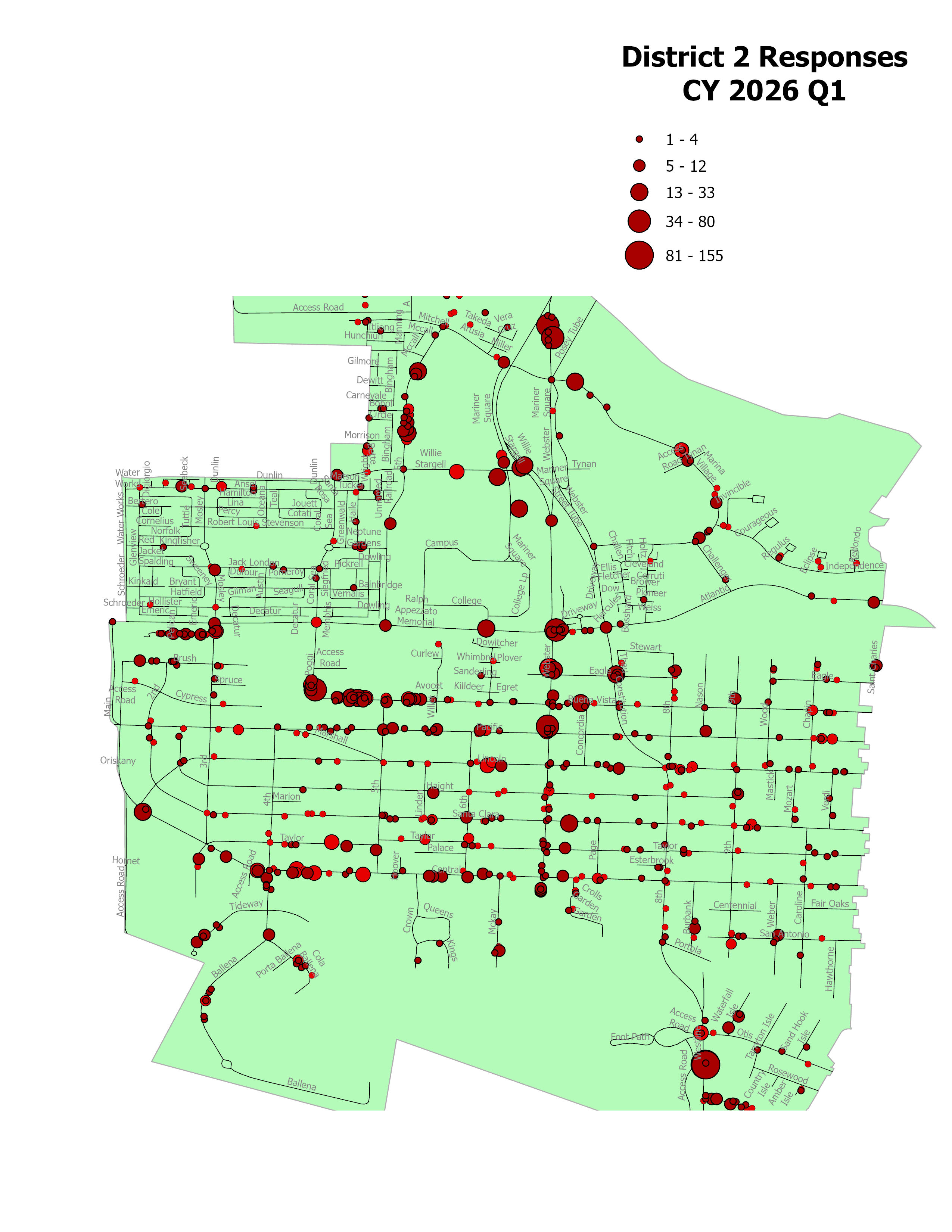 Map showing District 2 response locations