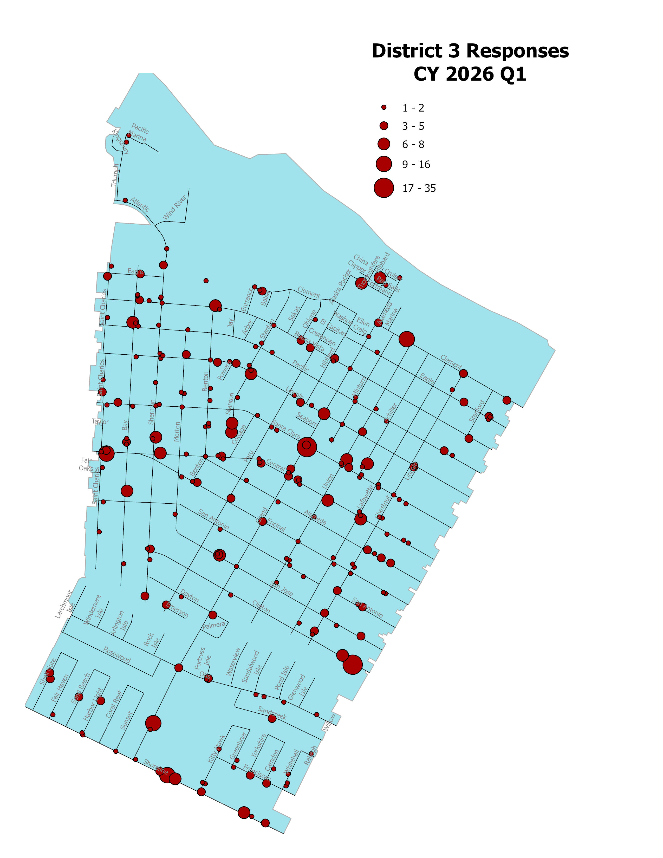 Map showing District 3 response locations